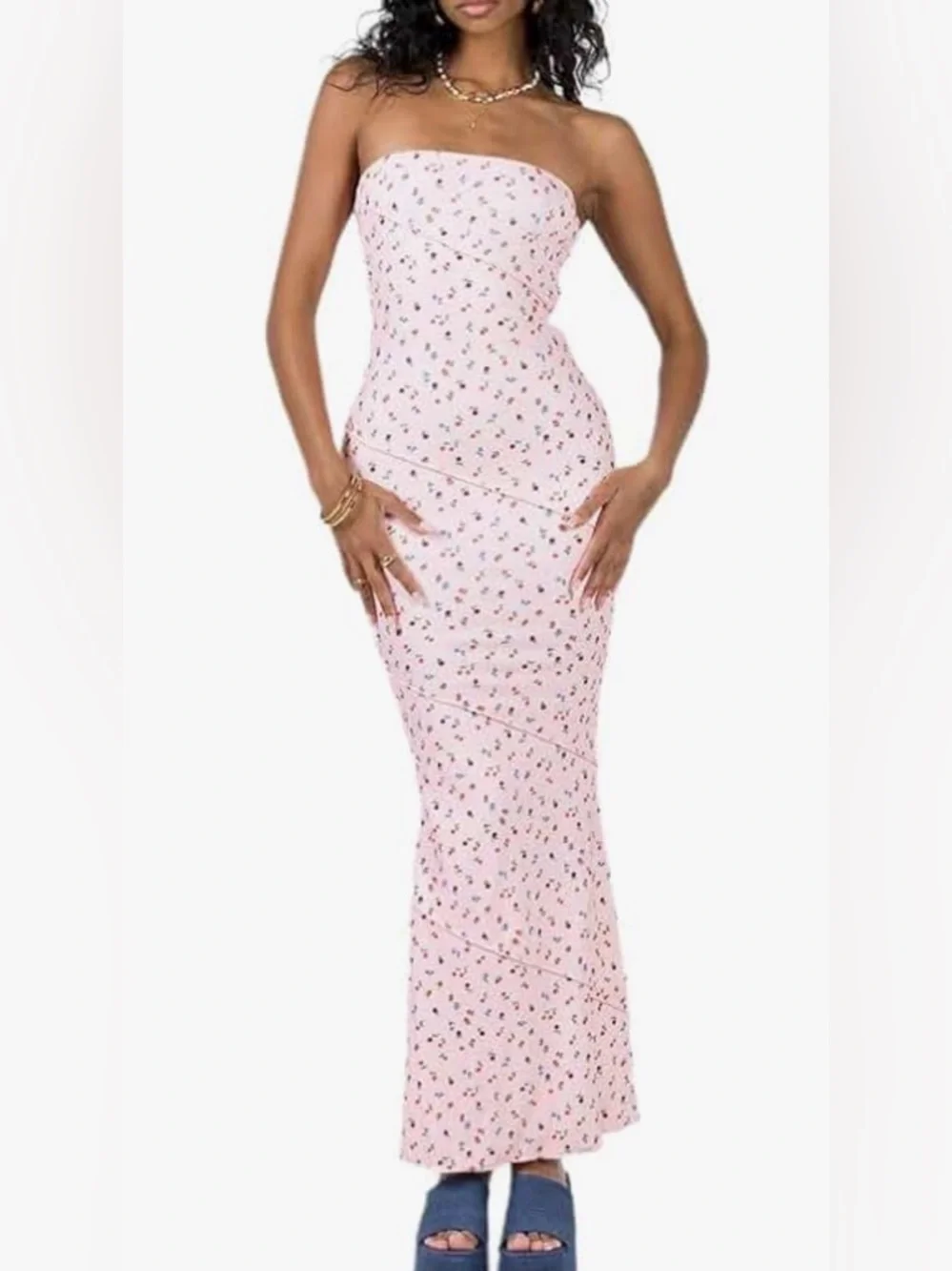 SHEIN Pink Strapless Floral Column Maxi Dress - Picture 1 of 4